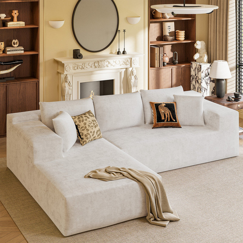 108" L-Shaped Compression Modular Sofa Sectional Couch, Beige Chenille 