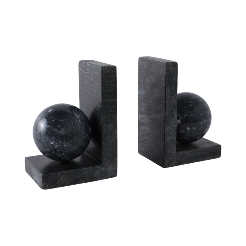 Set Of 2 6" Marble Bookend With 3" Orb, Black