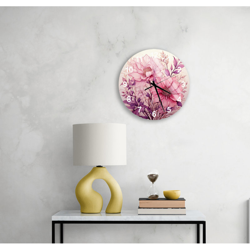 Horloge murale vibrante en verre trempé rose et mauve, Blanc