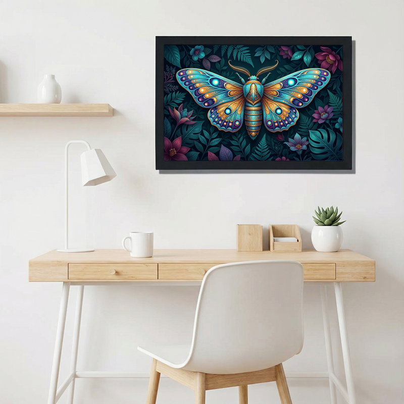 Toile brillante, sarcelle et papillon doré sur fond de feuillage foncé, H 20 po x l 30 po