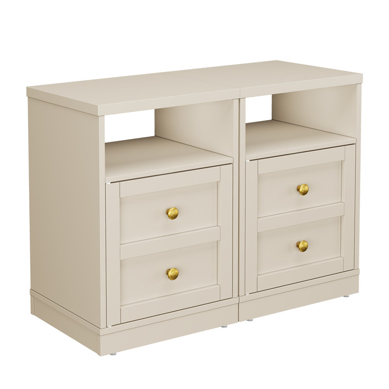 Modern Nightstand With Door & Open Shelf，Set of 2, Beige