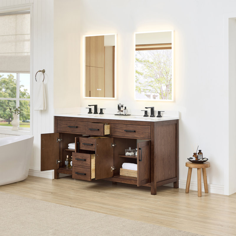 Ensemble de meuble-lavabo double 66 po Beckett, Noyer foncé avec bordure noir mat, Comptoir en marbre de culture blanc