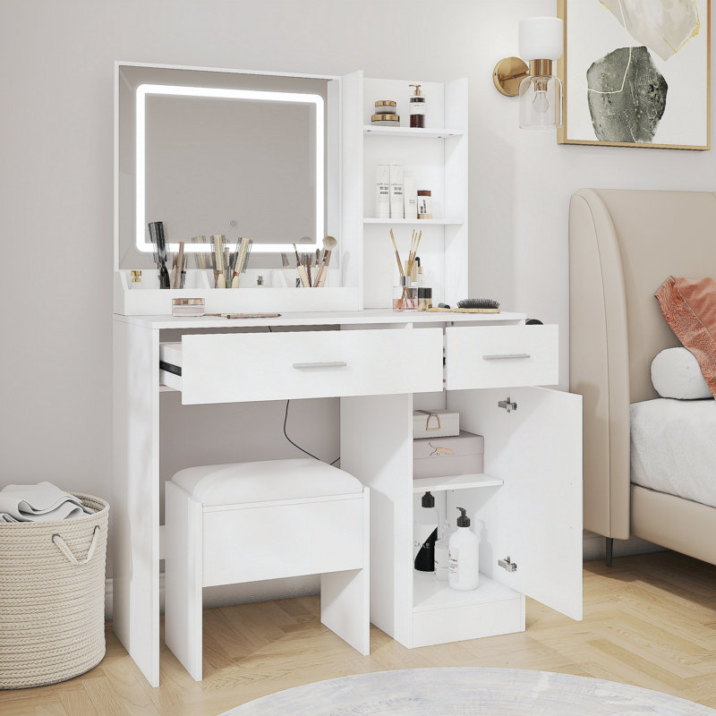 Ensemble de coiffeuse, bureau de coiffeuse avec tabouret, miroir lumineux à DEL et station de charge Lavin, blanc, Blanc