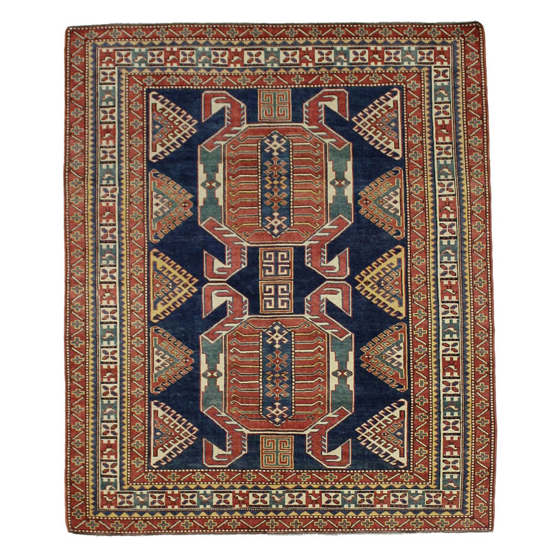 Tapis rétro délavé 5 x 6 bleu marine et ivoire à motif tribal de style Anatolien