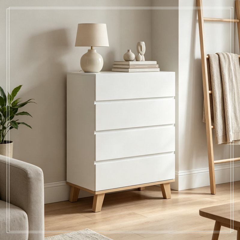 Commode de rangement avec 4 tiroirs et pieds en bois robustes