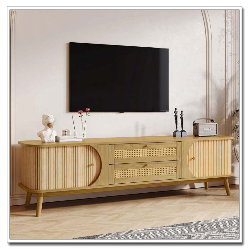 Rattan TV Stand for TVs up to 75'', Modern Farmhouse Media Console, Entertainment Center with Solid Wood Legs, Natural