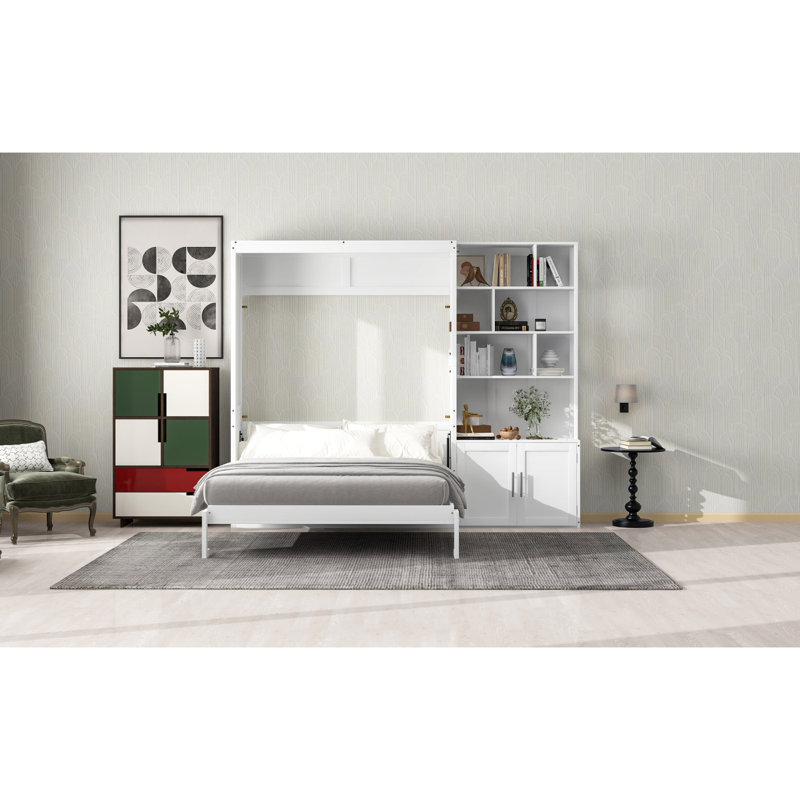 Lit escamotable double avec plusieurs tablettes de rangement et une armoire, blanc