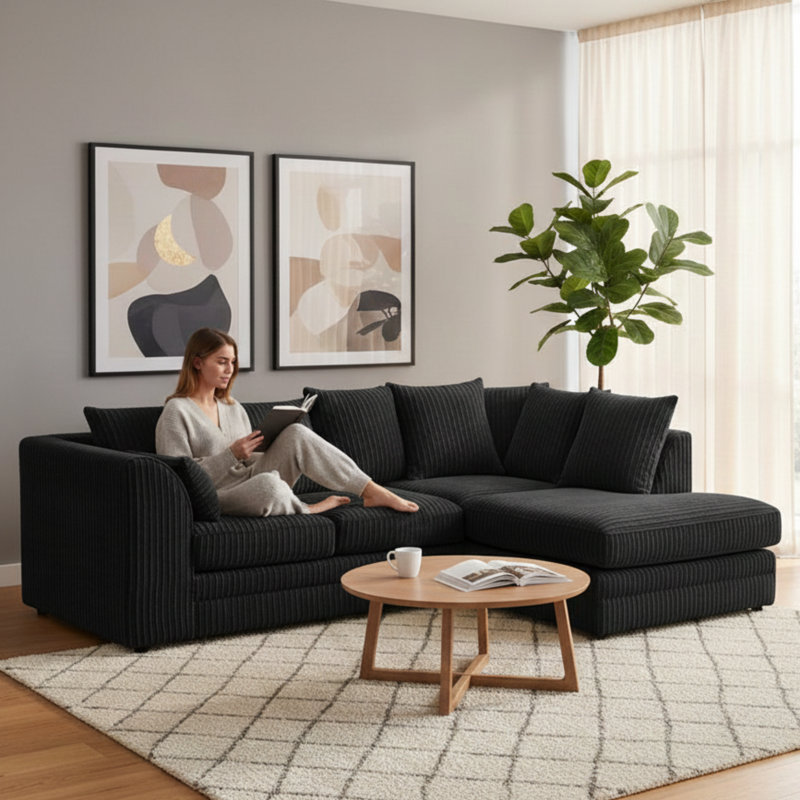 Soft Fabric Jumbo Cord 4 Seater L Shape with Foot Stool Upholstered Living Room Sets, Black, Right Hand Facing