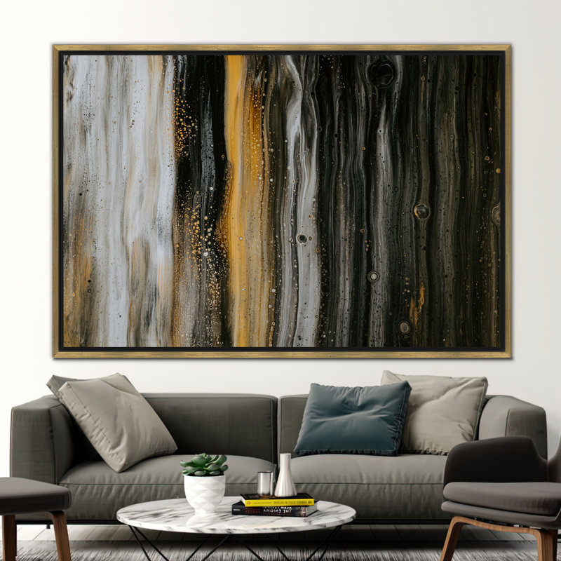 Abstract Canvas Art - Modern Shimmery Wall Decor with Oil Painting Print, 40 cm H x 60 cm W, Framed Print without Mat, Gold