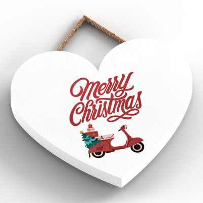 Xmas Merry Christmas Scooter Wooden Heart Plaque