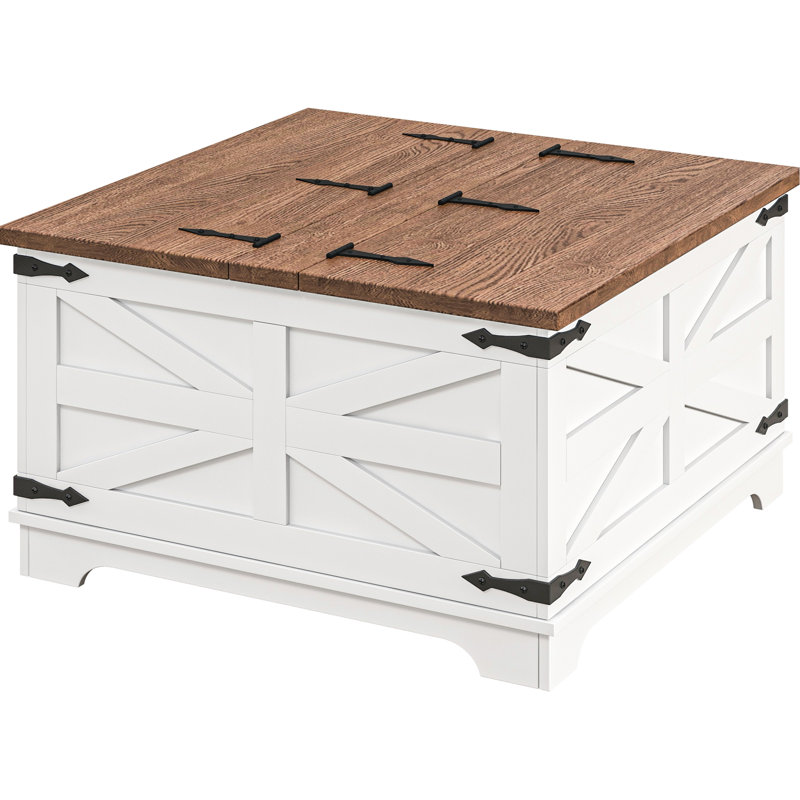 Table basse blanche avec dessus rabattable et grand compartiment de rangement dissimulé