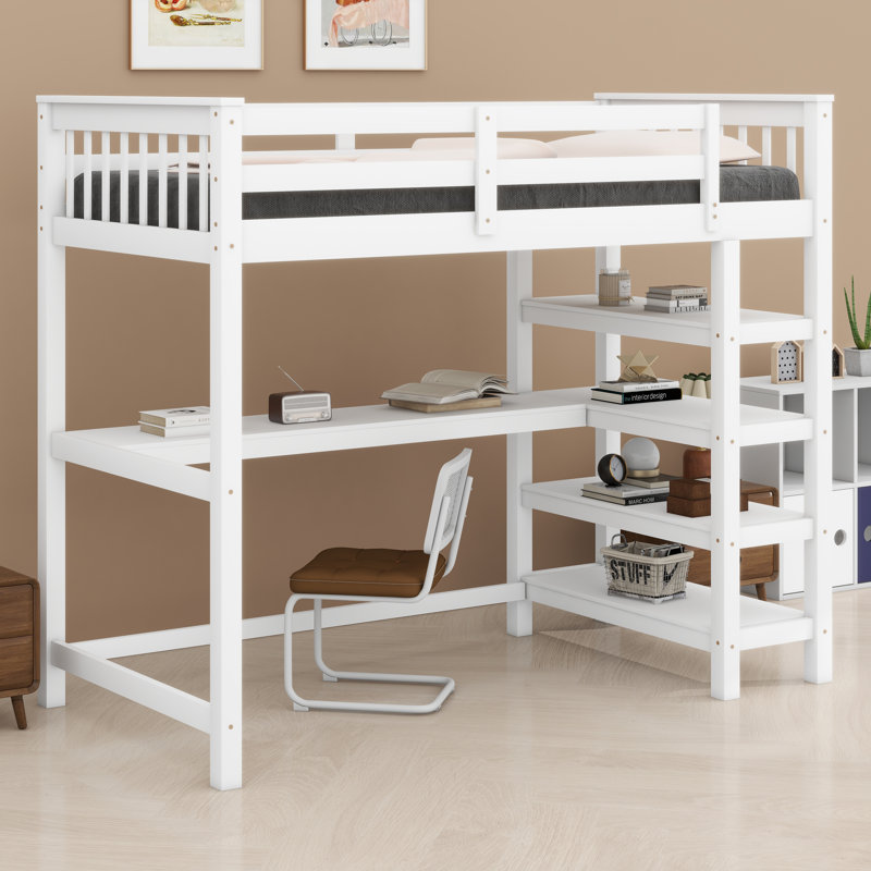 Lit mezzanine avec tablettes de rangement et bureau sous le lit, Lit simple, Blanc