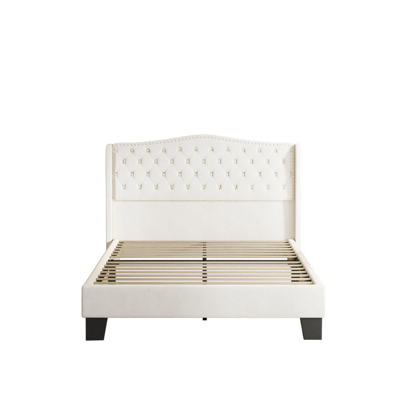 Upholstered Platform Bed Frame with Tufted Nailhead Trim Wingback Headboard, Beige, Queen
