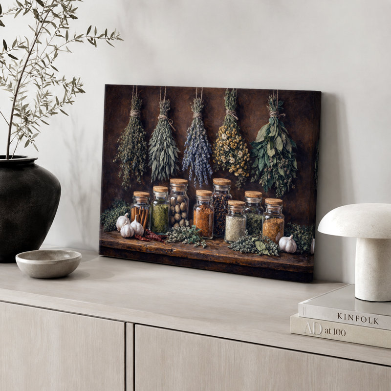 «Hanging Herbs and Spice Pots Vintage Kitchen Still Life», images de cuisine, impression sur toile encadrée, impression numérique