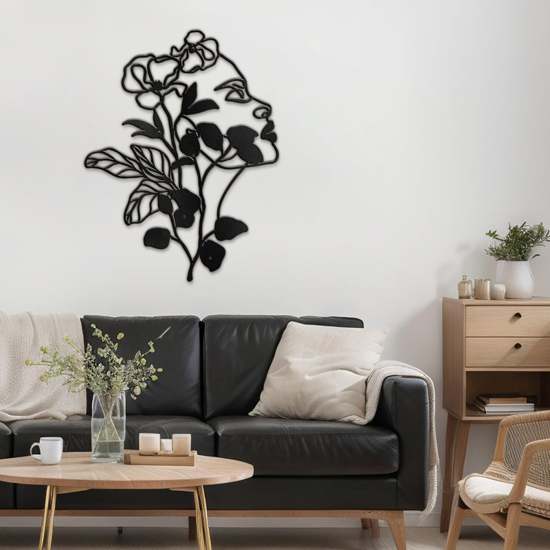 Élégante décoration botanique moderne abstraite murale suspendue en métal, H 24 po x l 18,6 po x P 0,05 po, Noir