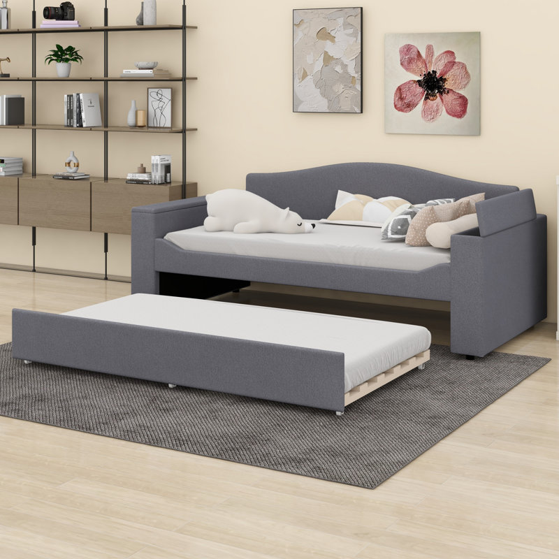 Upholstered Daybed With Storage Armrests, Trundle And Latest Integrated Bluetooth Audio System, Teddy Fleece,, Gray
