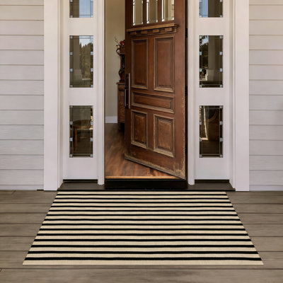Striped Layered Doormat Cotton Woven Washable Outdoor Rug 3X5 Black Khaki