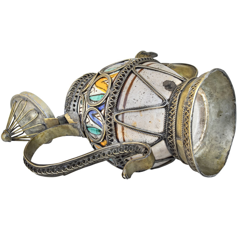Antique Moroccan Brass-inlaid Ceramic-art Accent