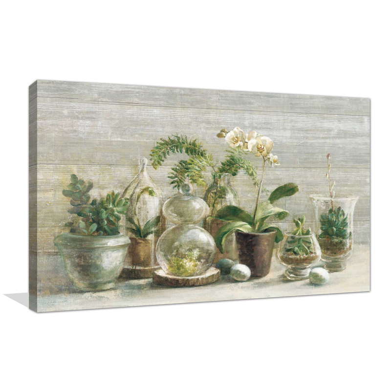 «Greenhouse Orchids on Wood v2», reproduction de peinture acrylique sur toile, H 36 po x l 60 po x P 1,5 po, Toile tendue