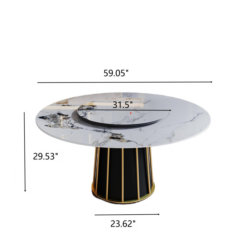 Table de salle à manger ronde en pierre frittée avec plateau tournant, Patek, H 29,53 po x L 59,05 po x l 59,05 po