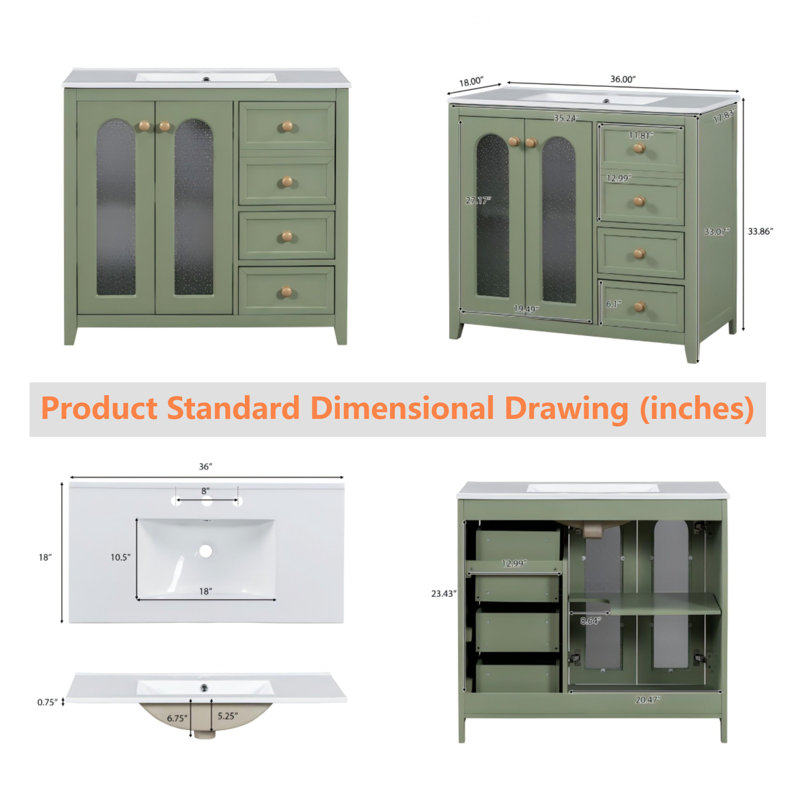 Meuble-lavabo 36 po avec deux portes à fermeture douce, tablettes réglables, Vert
