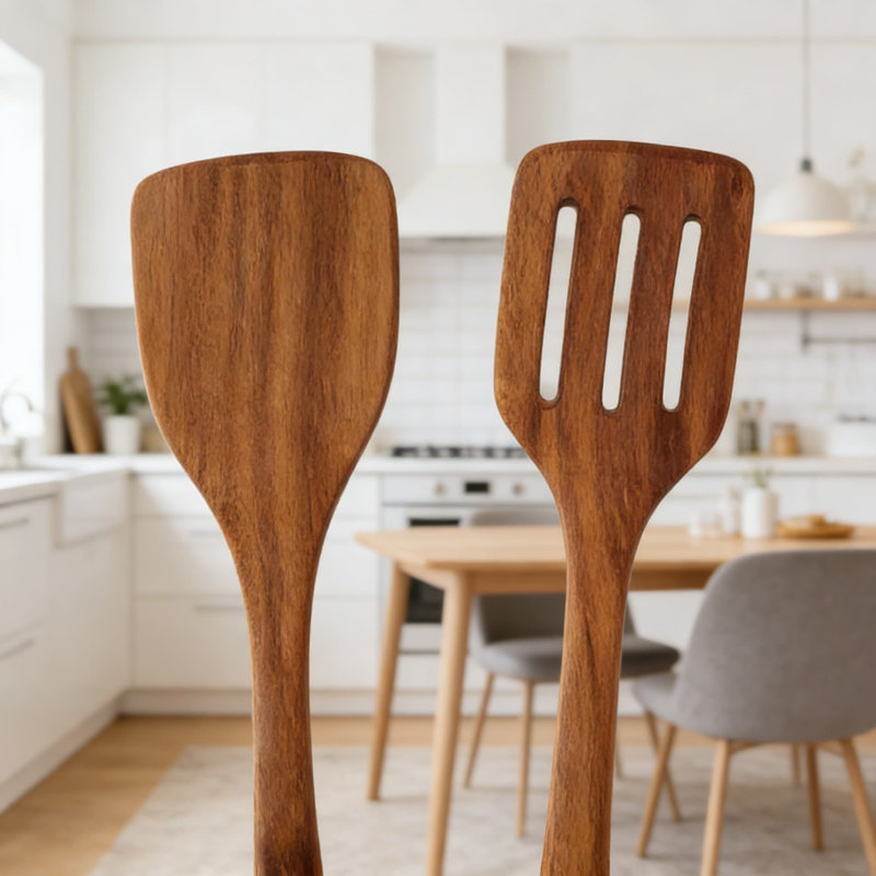 Ensemble de spatules en bois d'acacia, ustensiles de cuisine en bois 6 pièces pour batterie de cuisine antiadhésive, comprenant un tournevis, une spatule fendue, une cuillère, une fourchette, des outils de cuisson résistants à la chaleur et sans égratignures