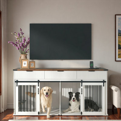 Caisse double pour chien avec rainure de verrouillage pour porte coulissante, 3 tiroirs cannelés et plateau de table en grain de bois imperméable, prise de courant de type c et mangeoires rotatives