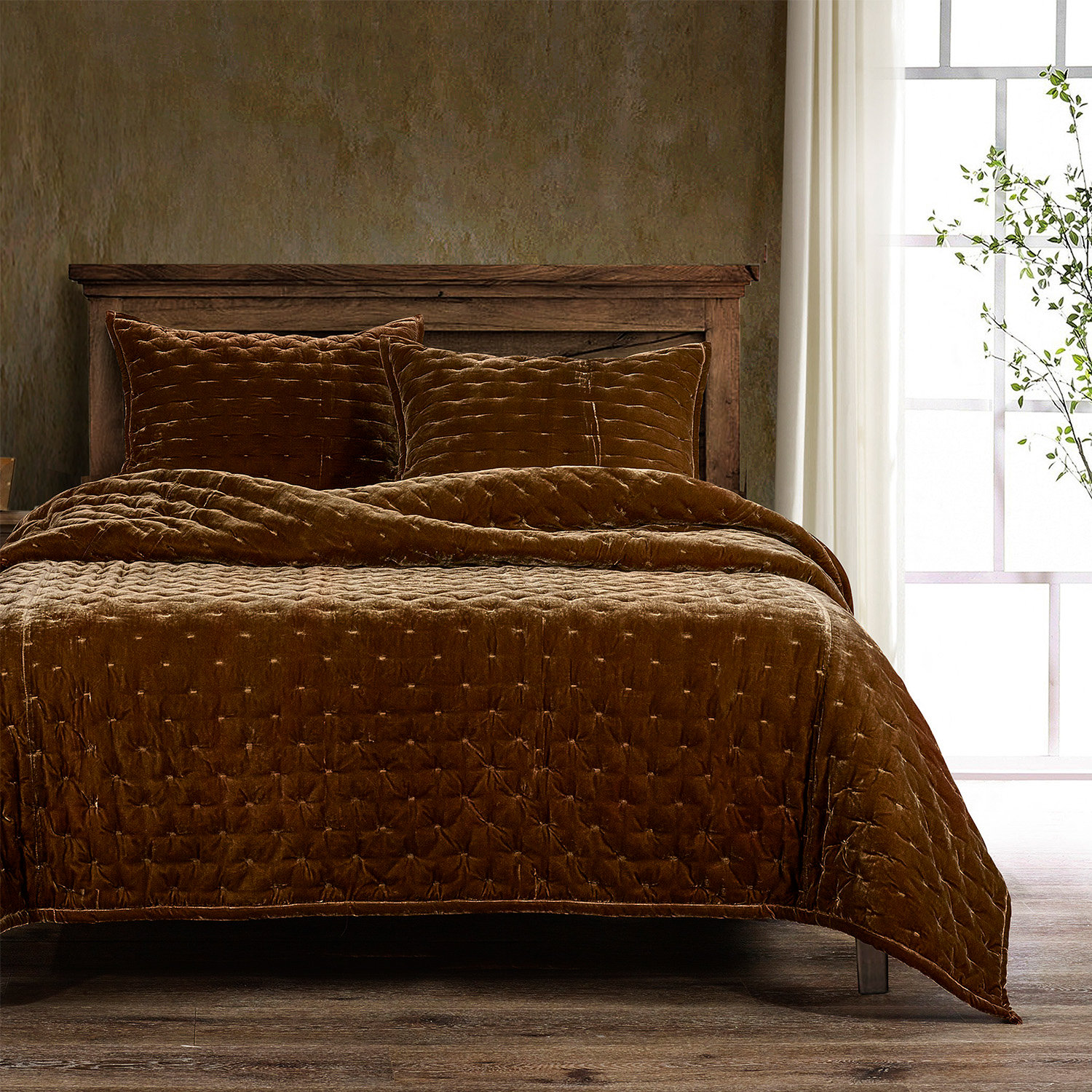 Stella Velvet Quilt Set, Twin Quilt, Copper Brown