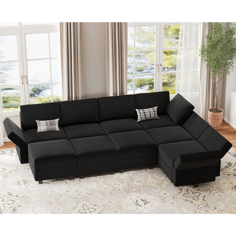 Teangela 116.6'' Variable Sectional U Shape Couch Module Velvet Sofa Bed with Storage Seat Ottoman, Black Velvet