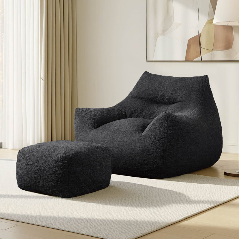 Extra-Wide Bean Bag Chair With Ottoman, Black Polyester 