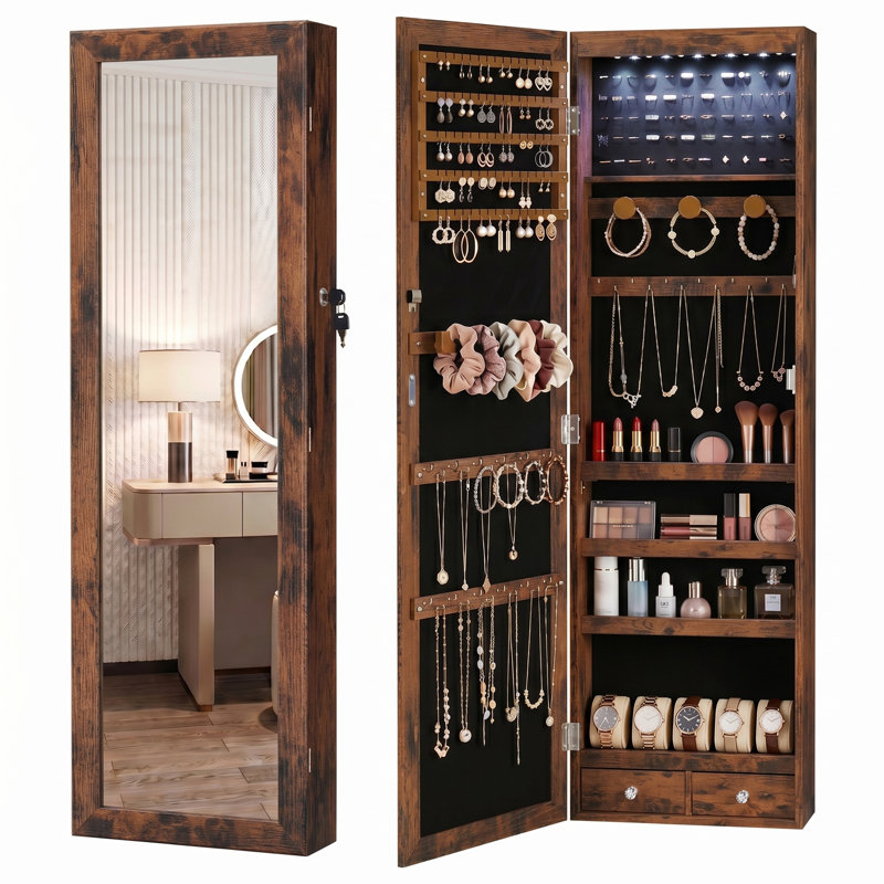 Armoire à bijoux 14,2 po de largeur avec miroir, Rustic Brown