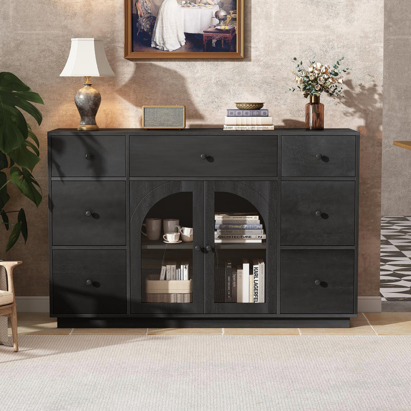 Armoire avec rangement pour l'entrée du salon et de la salle à manger, grande taille, 2 portes et 7 tiroirs, noir, Noir