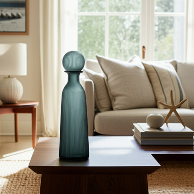 Modern Ribbed Textured Glass Vase with Lid for Home Decor - Elongated Silhouette Tall Flower Vase Design Accent for Living Room Table Display - Grey