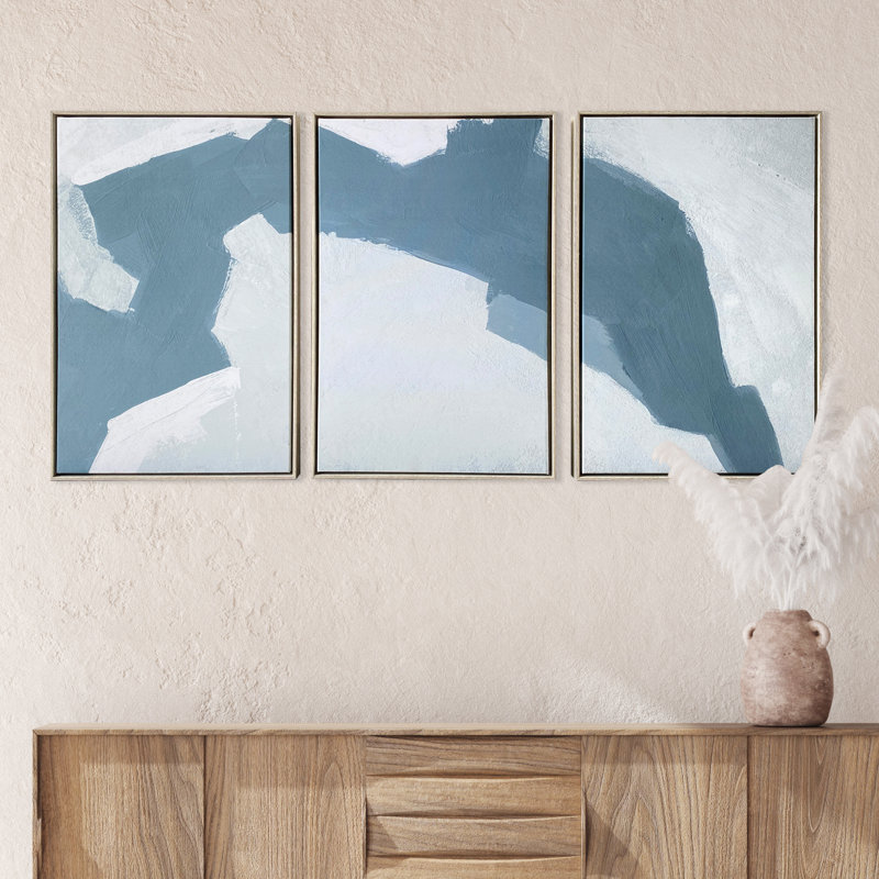 48" x 24" Abstract Blues Triptych Canvas with Gold Frame