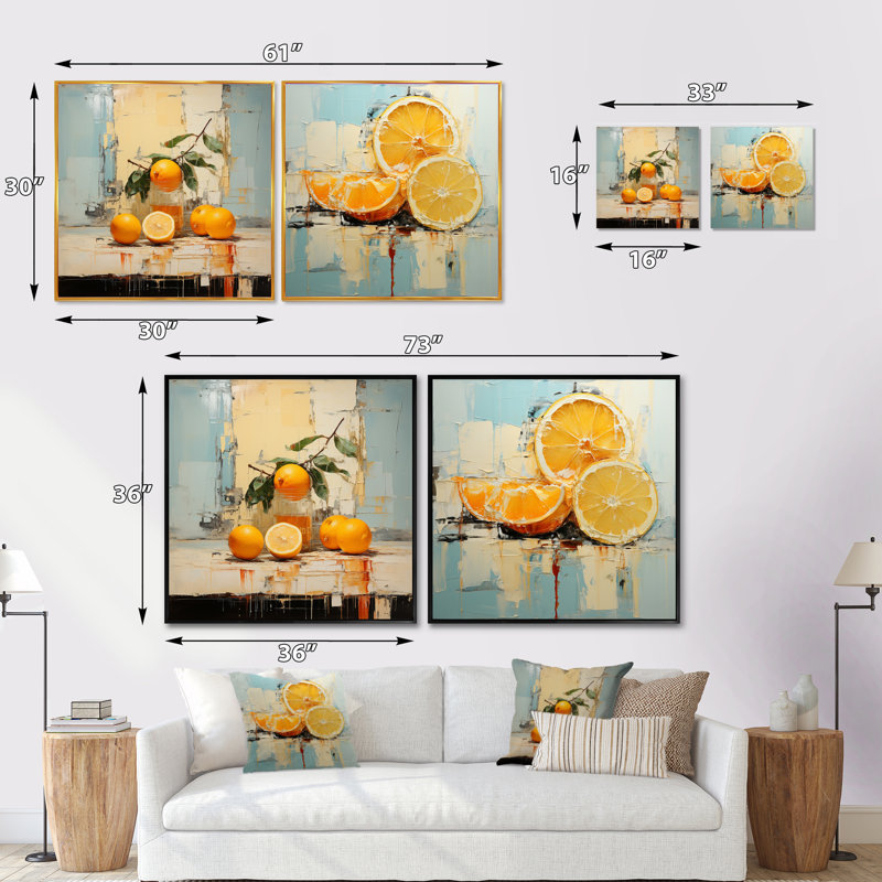 Tangerine tangibilité - fruits orange - ensemble de 2 collages carrés de fruits, Cadre flottant noir, H 16 po x l 33 po