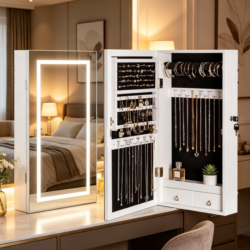 Armoire à bijoux avec miroir lumineux à DEL, miroir mural sans cadre avec 3 lumières de couleur, armoire à bijoux verrouillable avec 2 tiroirs et grand espace de rangement, blanc