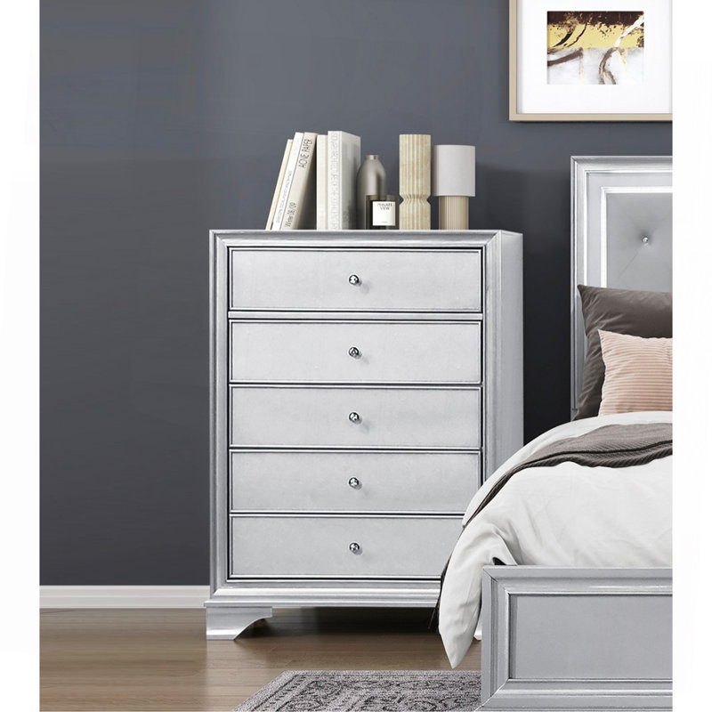 Commode de rangement contemporaine à 6 tiroirs avec finition argentée Glam