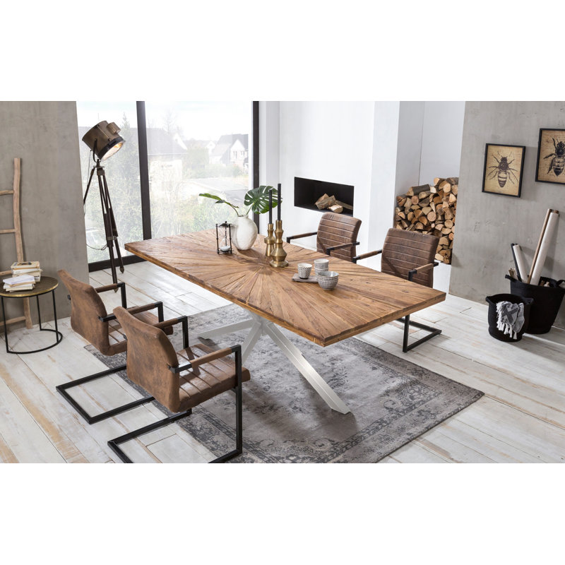 Isaac Teak Solid Wood Top Metal Base Dining Table, 77cm H x 160cm L x 90cm W, Antique Silver