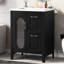 Meuble-lavabo de 24 po avec lavabo, bois massif et construction, noir, deux tiroirs, porte, tablette réglable, conception autoportante en verre céramique, style moderne, grand rangement en caoutchouc noir de 24 po, armoire