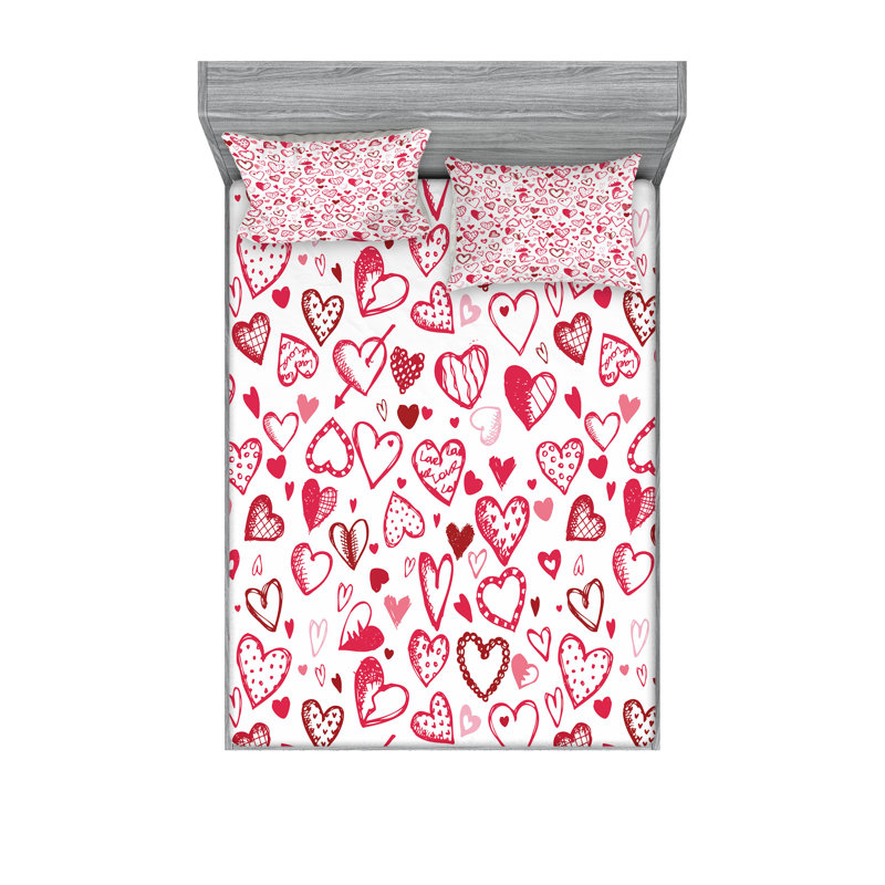 Drap-housse et coussin décoratif Ambesonne Love Magenta Ruby blanc, Ensemble de draps pour très grand lit + 5 pièces
