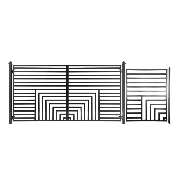 Barrière d'allée à double battant 12 pi x 6 pi ALEKO avec barrière piétonne et poteaux 4 pi x 5 pi - style Florence, noir