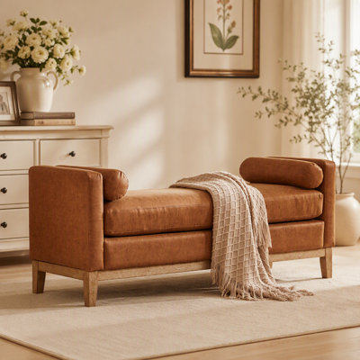 Banc de bout de lit l 65,5 po avec structure en bois au fini patiné, lit de jour, repose-pieds avec repose-pieds et accoudoirs en bois et 2 traversins pour la chambre à coucher, la fenêtre, le salon, l'entrée, le couloir, polyuréthane brun