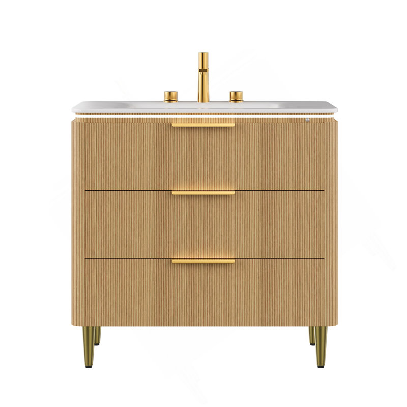 36'' Bathroom Vanity&Sink, Freestanding Curved Edges Ultra-Slim Grille Plywood Storage Cabinet, 3 Drawers, Carrara White Sintered Stone Integrated Basin, Pre-Assembled, Light Oak Woodgrain Color
