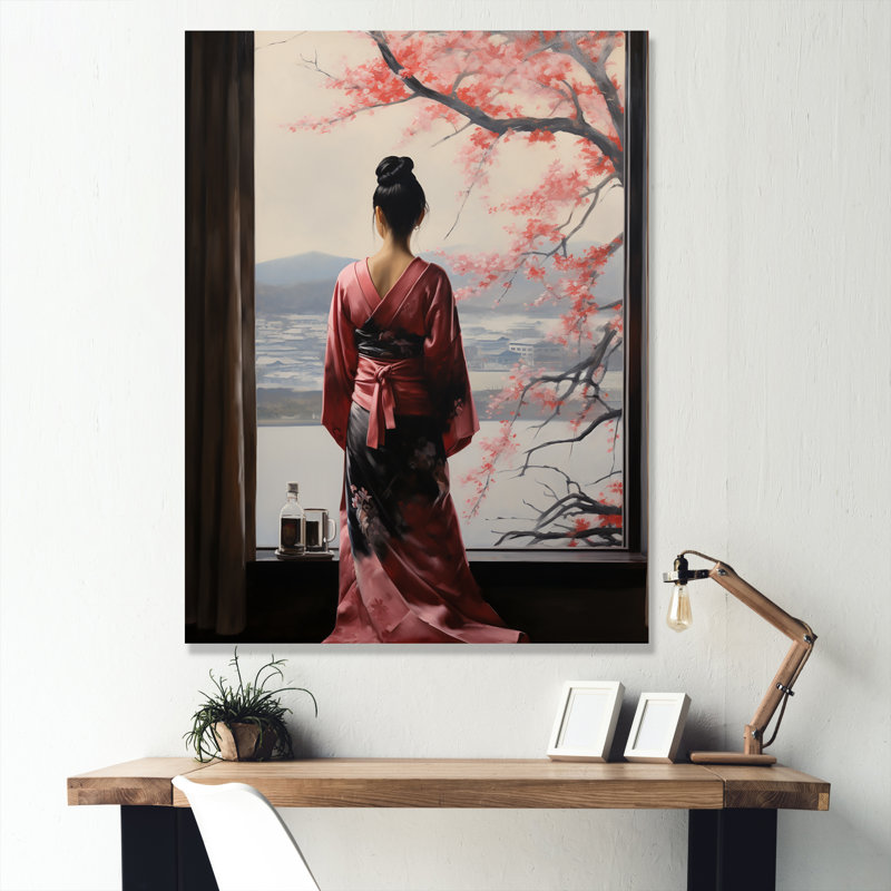 Arbre rose, femme japonaise vue de fenêtre I - Japon, art mural, Toile tendue, H 32 po x l 16 po x P 1 po