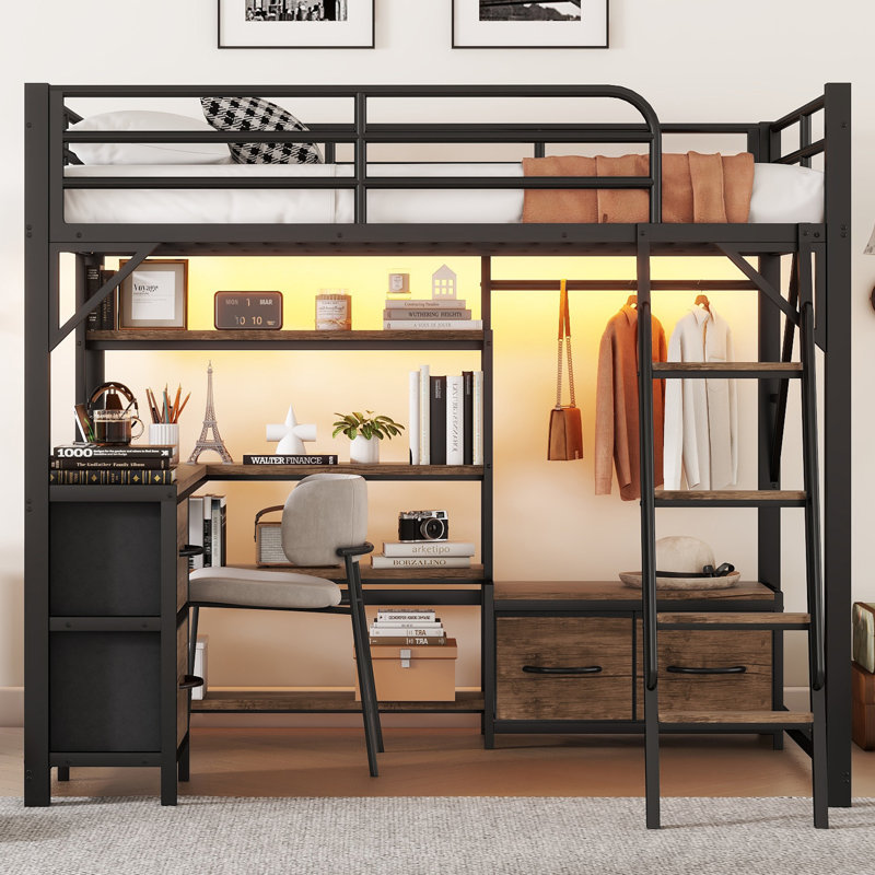 Lit mezzanine double en fer noir avec bureau et rangement, Lit double
