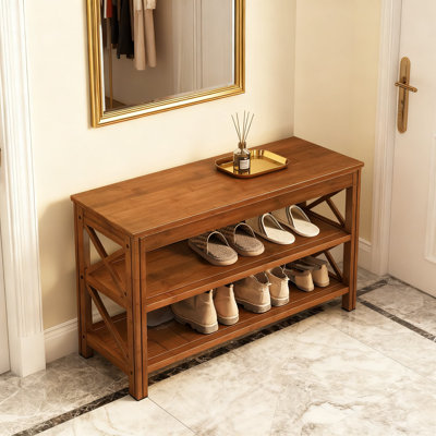Étagère à chaussures à 3 niveaux en bambou avec rangement, banc d'entrée en bois massif au design rustique pour organiser les chaussures et la décoration