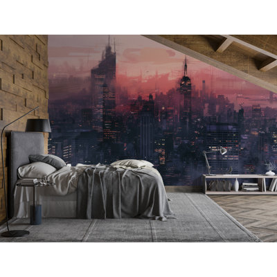 Murale Cityscape - Papier peint horizon futuriste, décoration murale nuit urbaine pour chambre à coucher, bureau ou salon