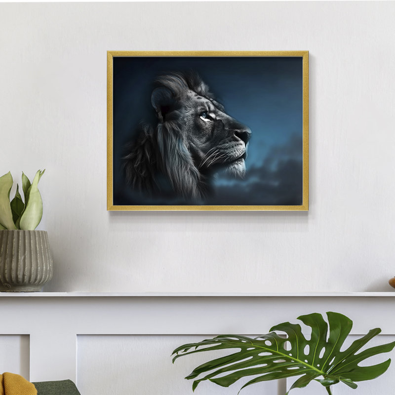 Portrait d'un lion - reproduction encadrée - réaménageable, H 16 po x l 20 po, Or