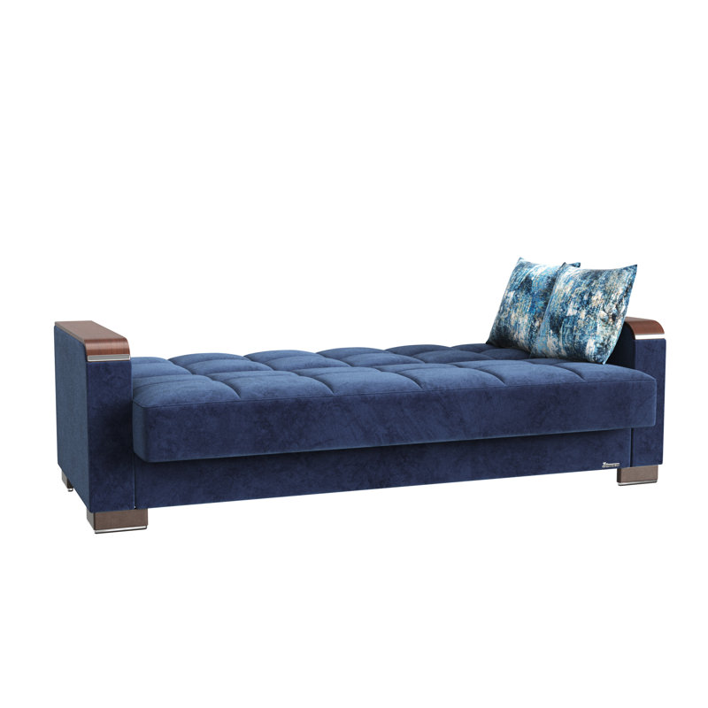 Canapé-lit rembourré avec rangement en microfibre bleue - Bois convertible d'aspect moderne avec garniture pour le confort