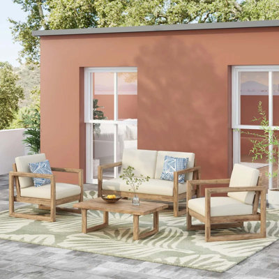 4-Pieces Acacia Wood Patio Furniture Set,Outdoor Furniture With Coffee Table,Patio Conversation Set Deep Seating With Soft Cushion,Porch Chairs For Ba